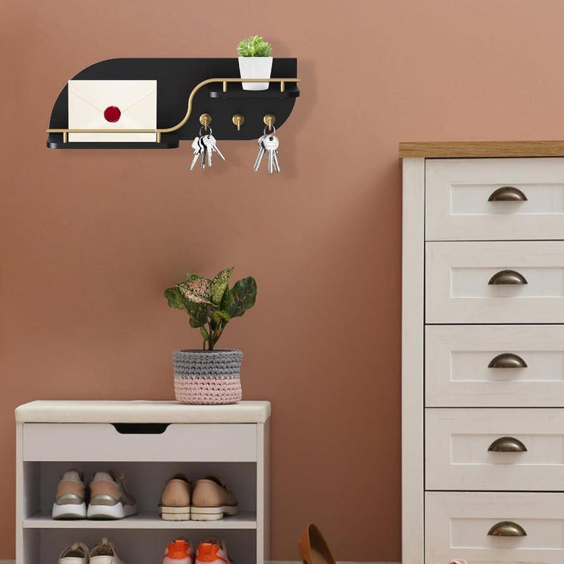 Karisky Key Holder for Wall, Decorative Key and Mail Organizer with 3 Metal Hooks and 2 Shelves, Wood Wall Mounted Key Rack for Entryway, Black - Image 2